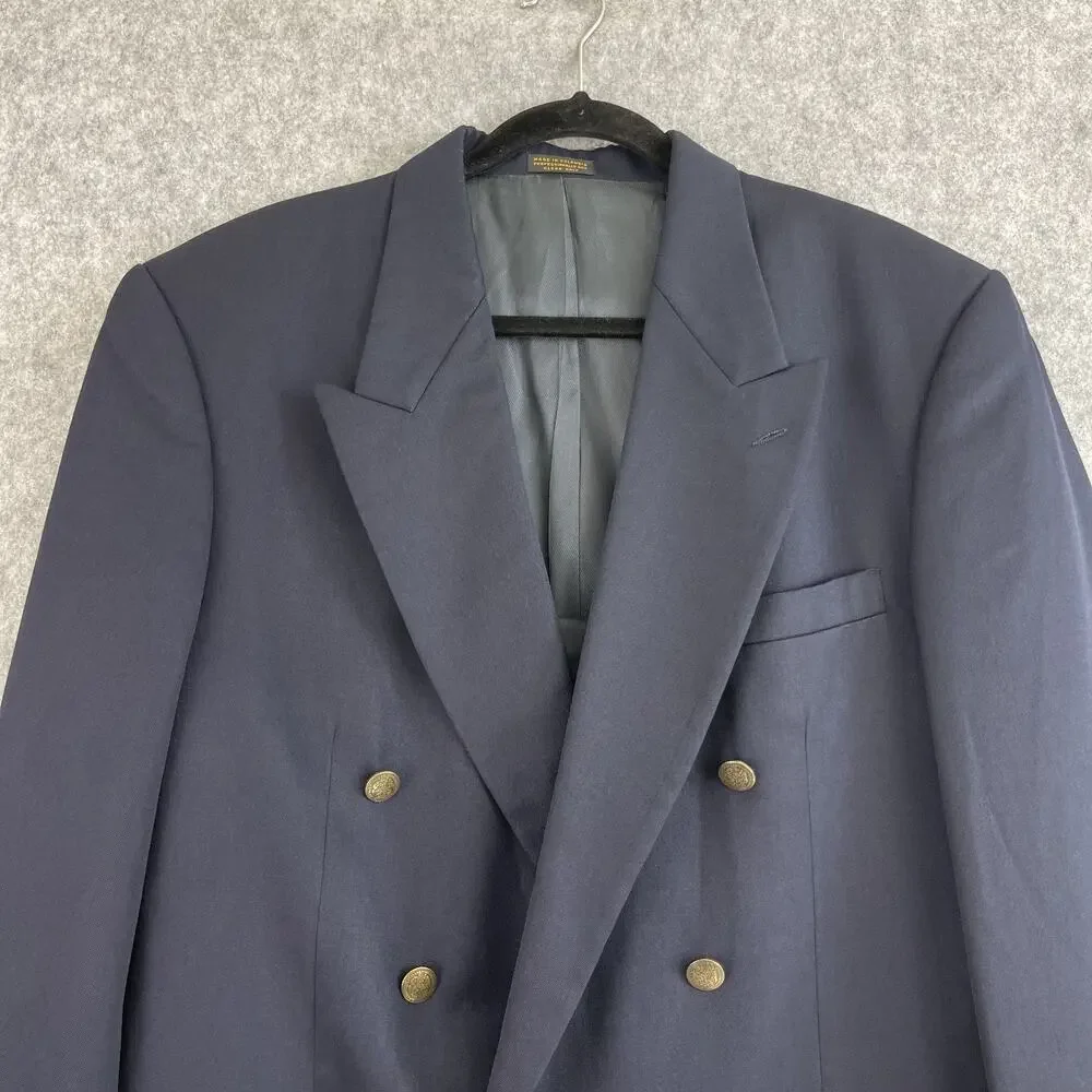 Oscar De La‎ Renta Blazer Jacket Mens 42L Blue Wool Double Breasted Gold Button